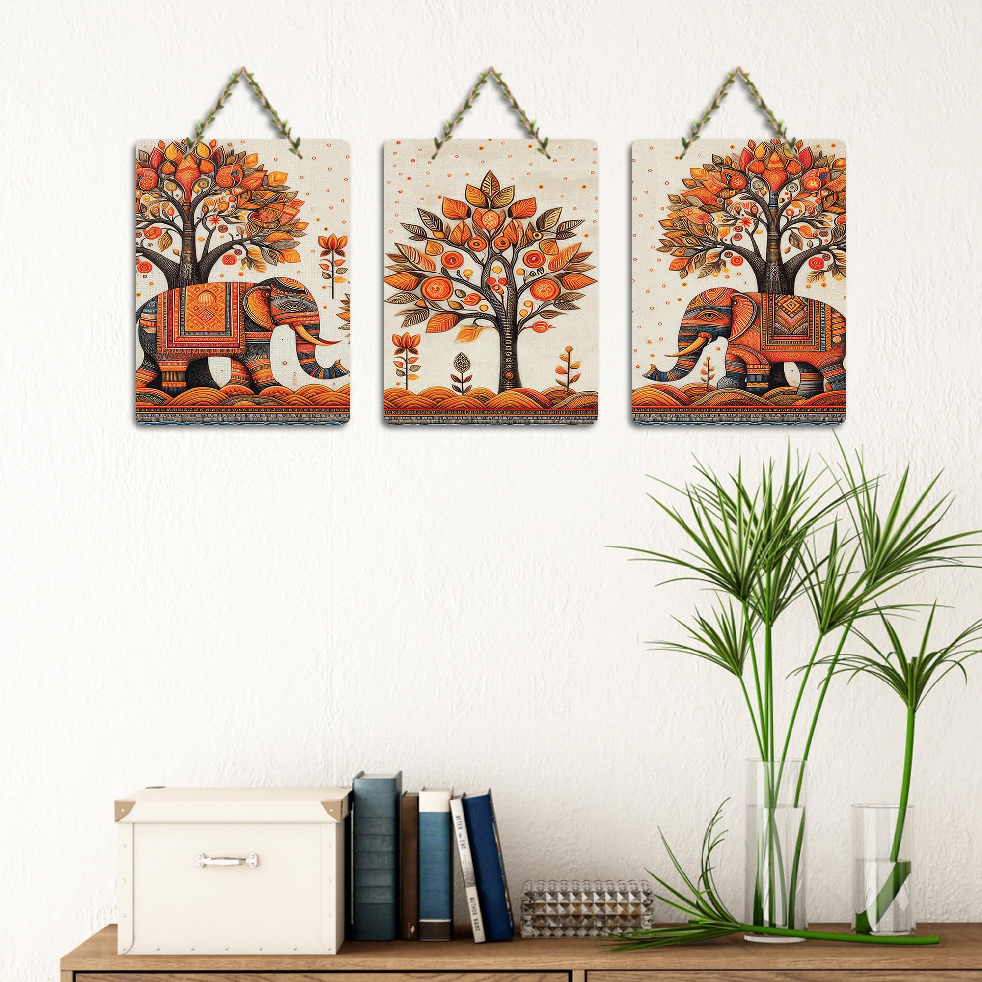 Artvibes Traditional Elephant And Tree Designer Home Art For Decorative Wall Art MDF Wooden Wall Hanger for Living Room | Home Decor | Aesthetic Wooden Decor | Ideal Gifts (WH_96186N), Set of 3