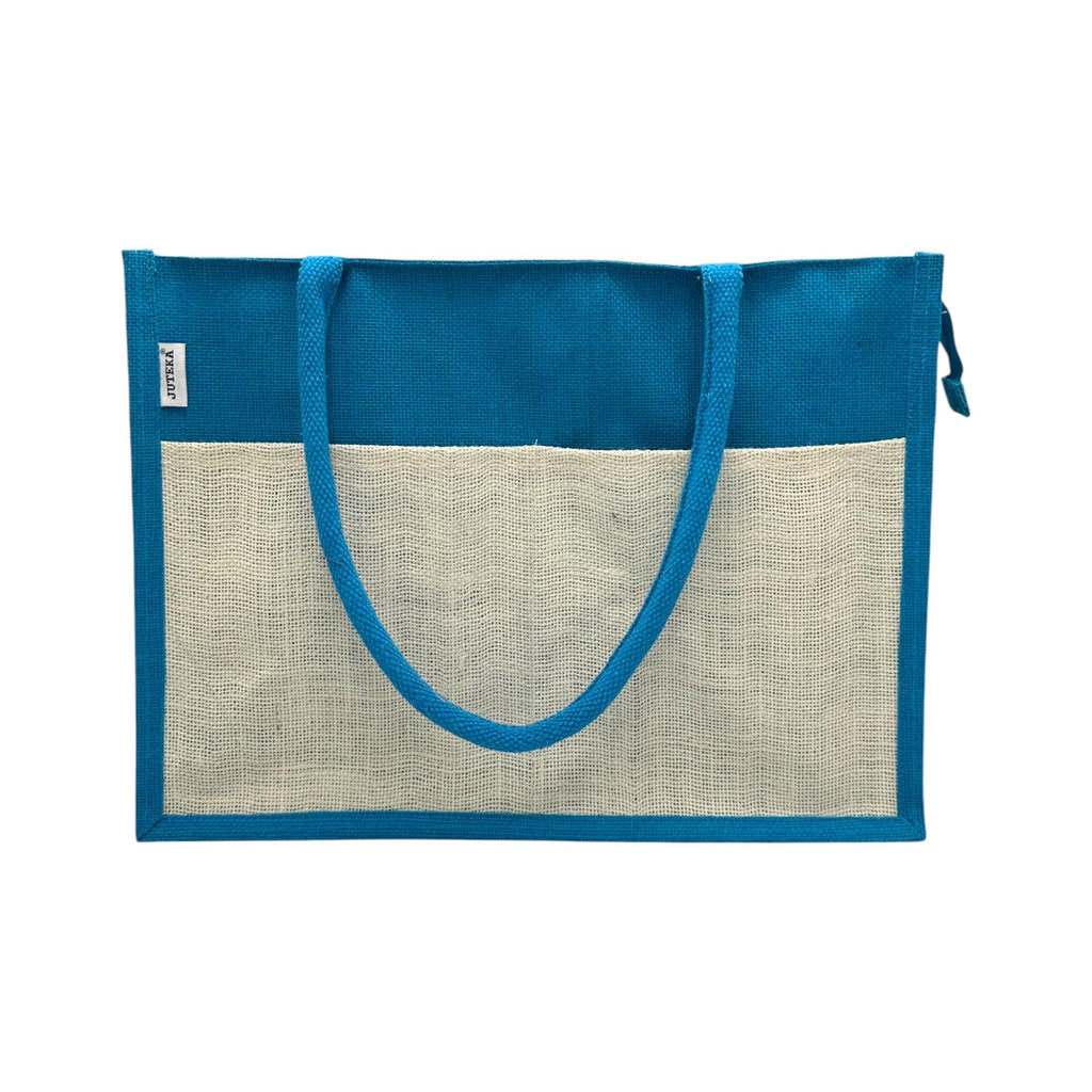 JUTEKA Multicolor spacious Jute Bag with Zipper Closure, Full Size Front Pocket and Large Handles… (Sky Blue)