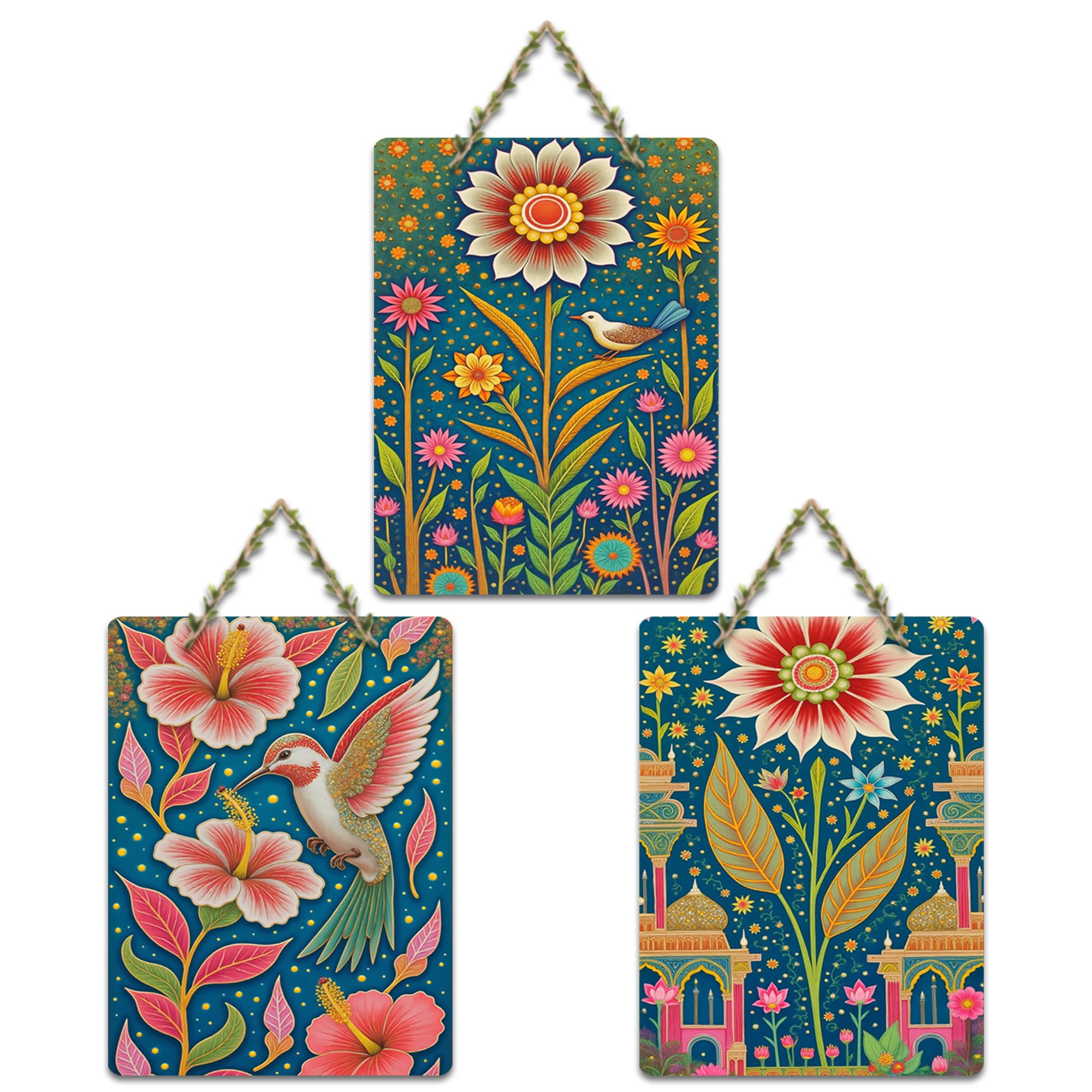 Artvibes Floral Paradise With Bird Wooden Art Decoration Item for Home | Modern Decoration Items | Handcrafted Art | Trendy Decor | Aesthetic Wooden Decor | Unique Gift (WH_9686N), Set of 3