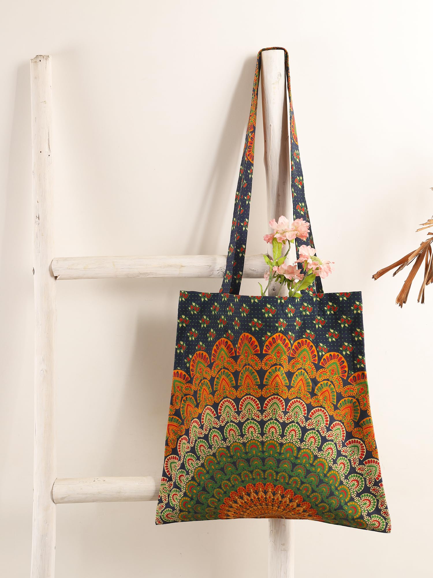 Ravaiyaa - Attitude is everything Cotton Shoulder Bag/Tote Bag For Women| Printed Multipurpose Handbag With Top Zip | Best For Shopping, Travel, Work, Beach, Office, College (Blue Peacock Mandala)
