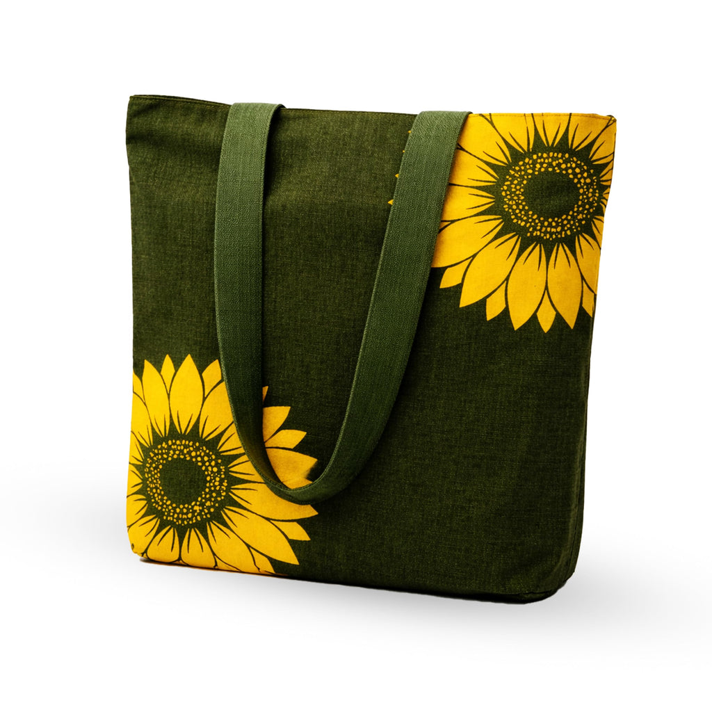 REFLAIRA 300 GSM Cotton Canvas Tote Bag with Hidden Zipper | Sunflower Printed Shoulder Bag | Reusable Eco Friendly College Office Shopping Tote for Women