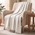 HOKIPO Ivory Sand Knitted Cotton Sofa Throw 50x60 Inches with Decorative Pom Pom Tassels for Elegant Living Room Sofa Bed, Chairs, 'Oasis Palm' Series (IN-1136-IVRY) Kafalo