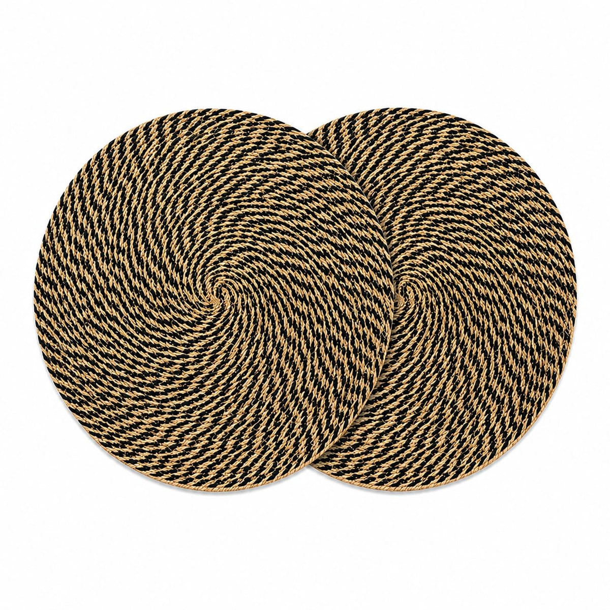 VIBGYOR Decor Dining Round Jute Table Mats Set of 2 | Heat Resistant, Non-Slip, Washable & Anti-Skid Round Placemats | Durable Cotton Jute Table Mats for Home, Kitchen & Restaurant (2, Black Spiral) Kafalo