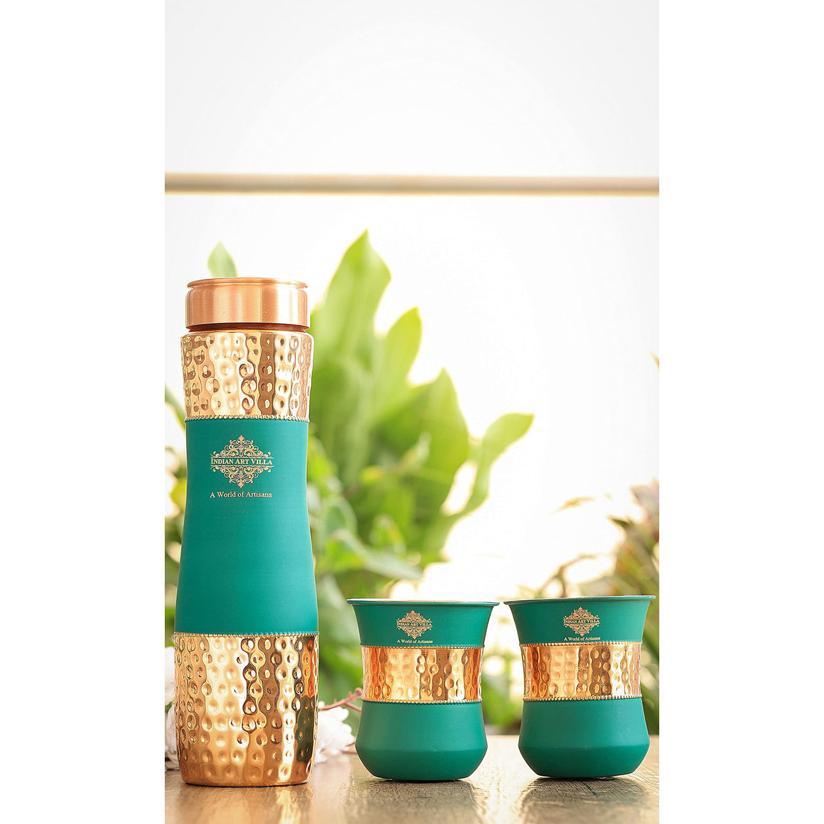 INDIAN ART VILLA Copper Drinkware in Green Silk Finish, Set of 2 Glass and 1 Bottle, Volume - Glass 300 ML, Bottle 1000 ML