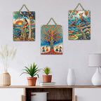 Artvibes Women & Kids Under The Tree Decorative Wall Art MDF Wooden Wall Hanger for Home | Handcrafted Art | Festive Decor | Wall Poster | Paintings For Wall | Ideal Gifts (WH_9684N), Set of 3