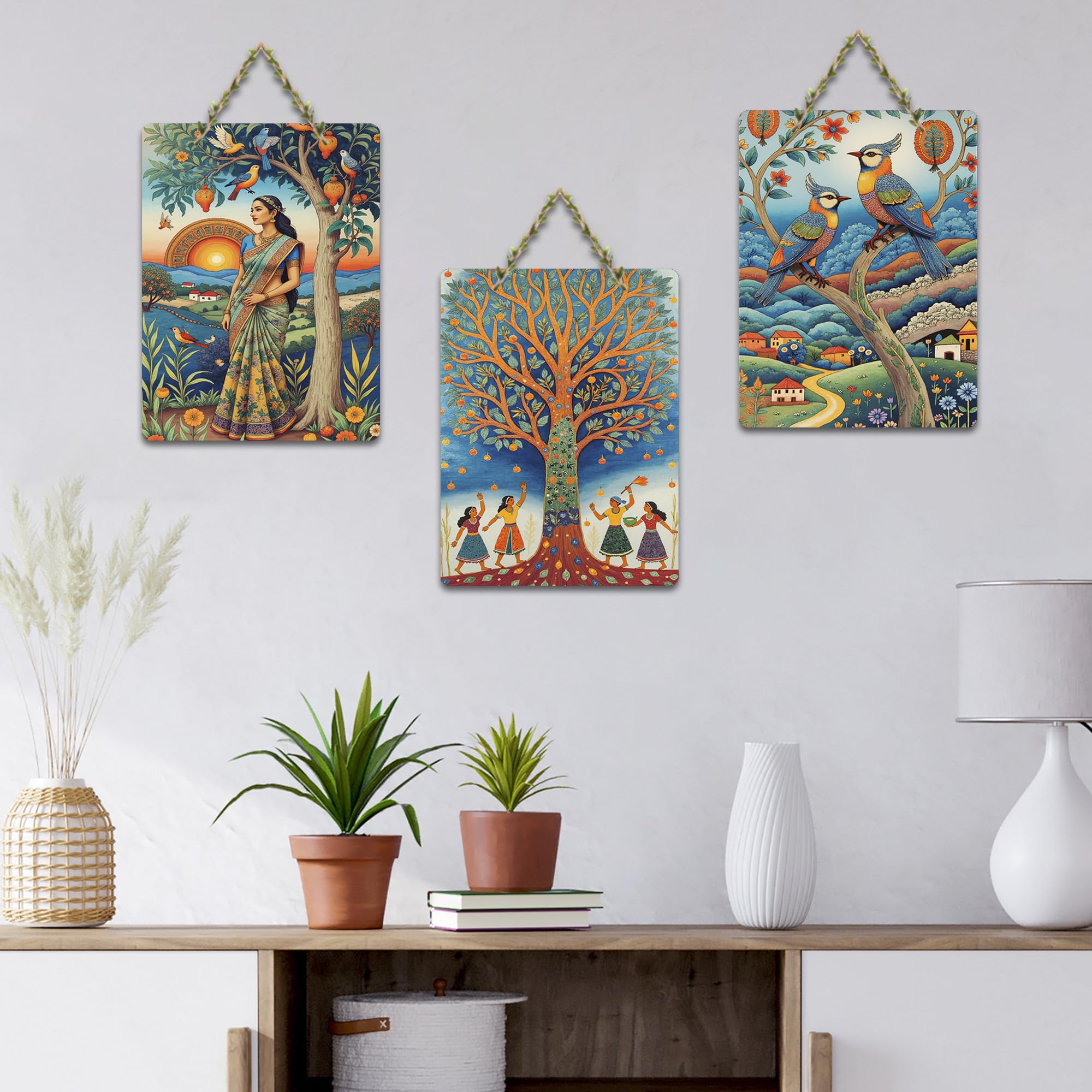 Artvibes Women & Kids Under The Tree Decorative Wall Art MDF Wooden Wall Hanger for Home | Handcrafted Art | Festive Decor | Wall Poster | Paintings For Wall | Ideal Gifts (WH_9684N), Set of 3