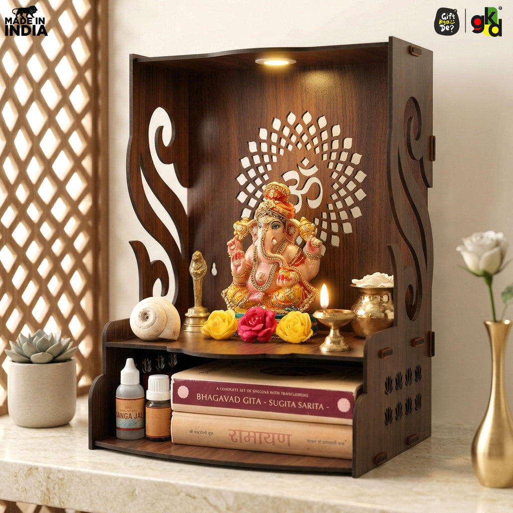 Gift Kya De Wooden Temple for Home Pooja with LED Light | Swan Design Mandir for Wall/Table Top | Home Temple with Om Carving | Pooja Mandir for Living Room, Office Décor (15 x 12 x 9 Inch, Brown)