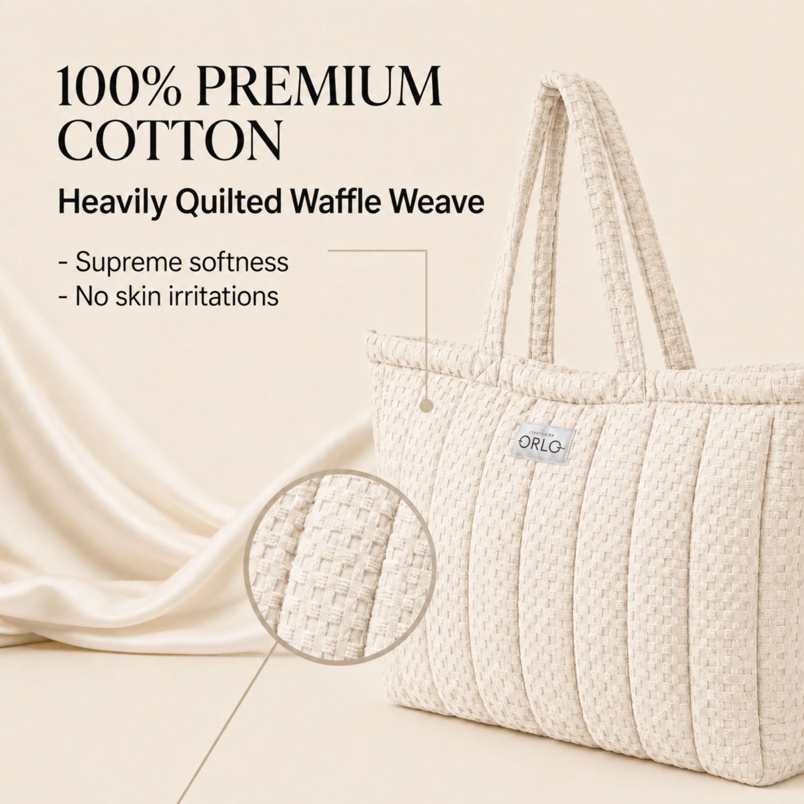 HOUSE OF ORLO Women's Cotton Quilted Aesthetic Western Tote Bags, Waffle Weave Handmade With Zipper And Double Handles For Women & Girls, Daily Use Handbag For College/Travel/Work (Ecru-Beige)