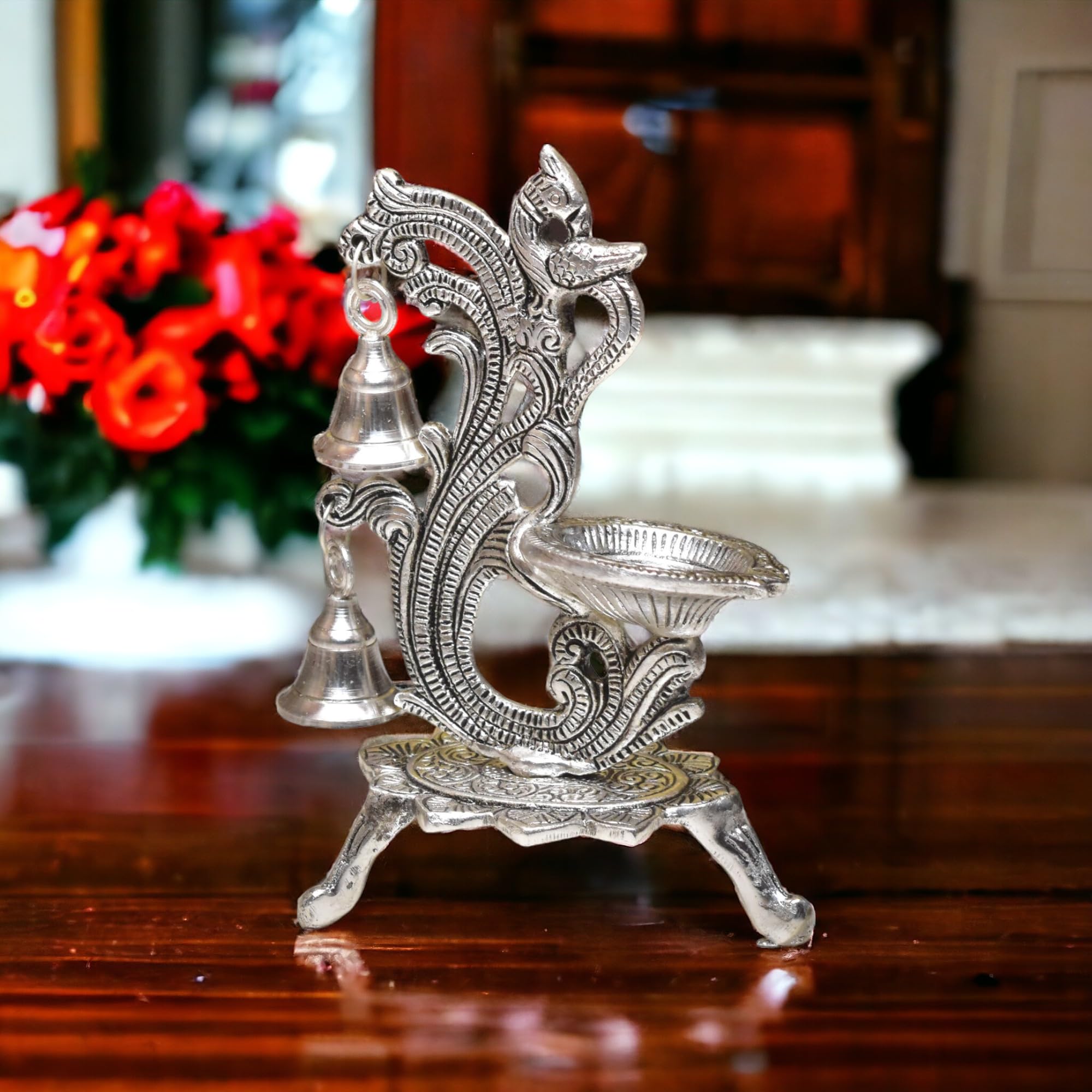 KridayKraft Aluminium Diya for Puja Room Oil Lamp in Peacock Design with Bell (Silver Metal, Pack of 1 Pcs)