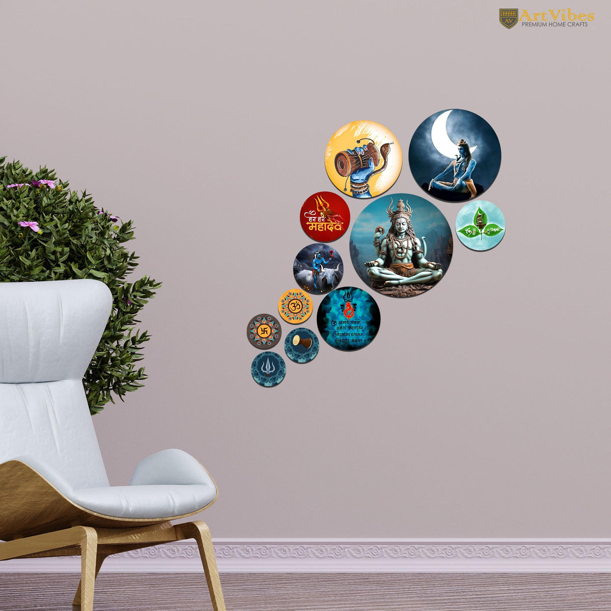 Artvibes Lord Mahadev Trishool & Damru Round Shape MDF Wooden Wall Decor Items | Spiritual Decor Items | Lord Shiva Painting | Wall Poster| Stylish Modern Decor Item | Gift Items (WPS_144N), Set of 11