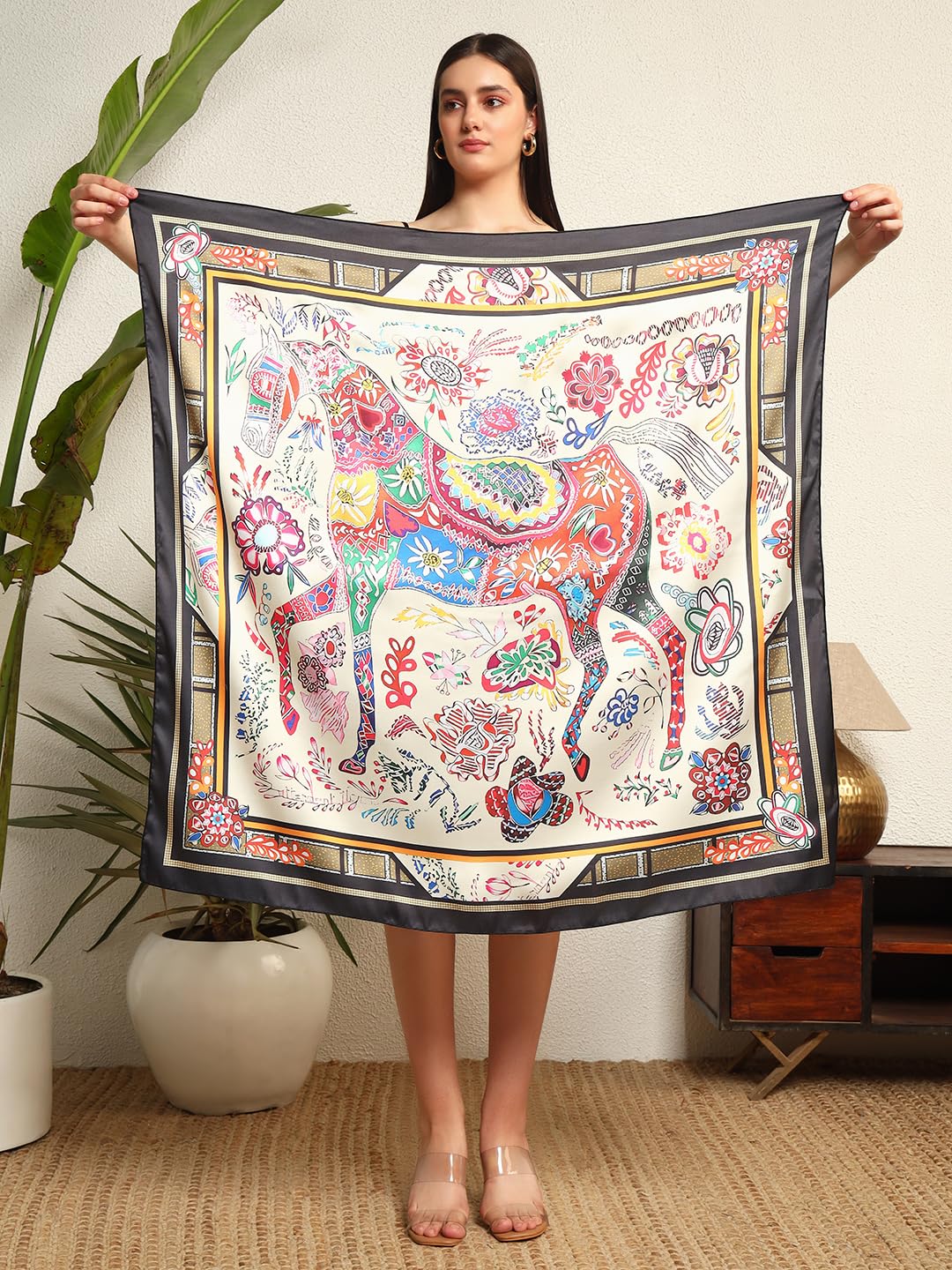 Ravaiyaa - Attitude is everything Women's Crepe Silk Digital Print Large Square Scarf Breathable Lightweight Neckerchief Printed Headscarf 40 x 40 Inch (Beige & Black Horse)