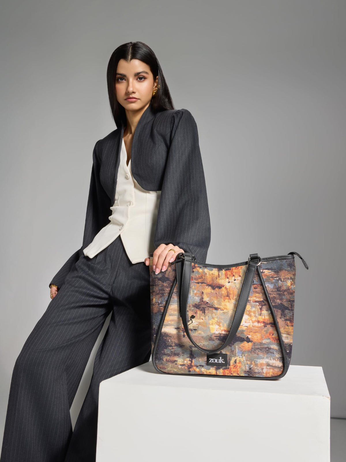 ZOUK Naisha Multicolor Abstract Tote Bag for Women | Vegan Leather Large Shoulder Handbag with Bottle Holder, Multiple Pockets & Water-Resistant Lining | Office, Travel & Daily Use | Bombay Tapestry