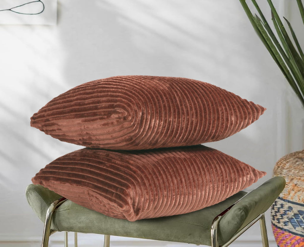 RD TREND® Cushion Cover Set of 2, Decorative Sofa Living Room Home Square Cushion Covers 16 Inch x 16 Inch, Aesthetic Corduroy Striped Double Sided (Coffee)