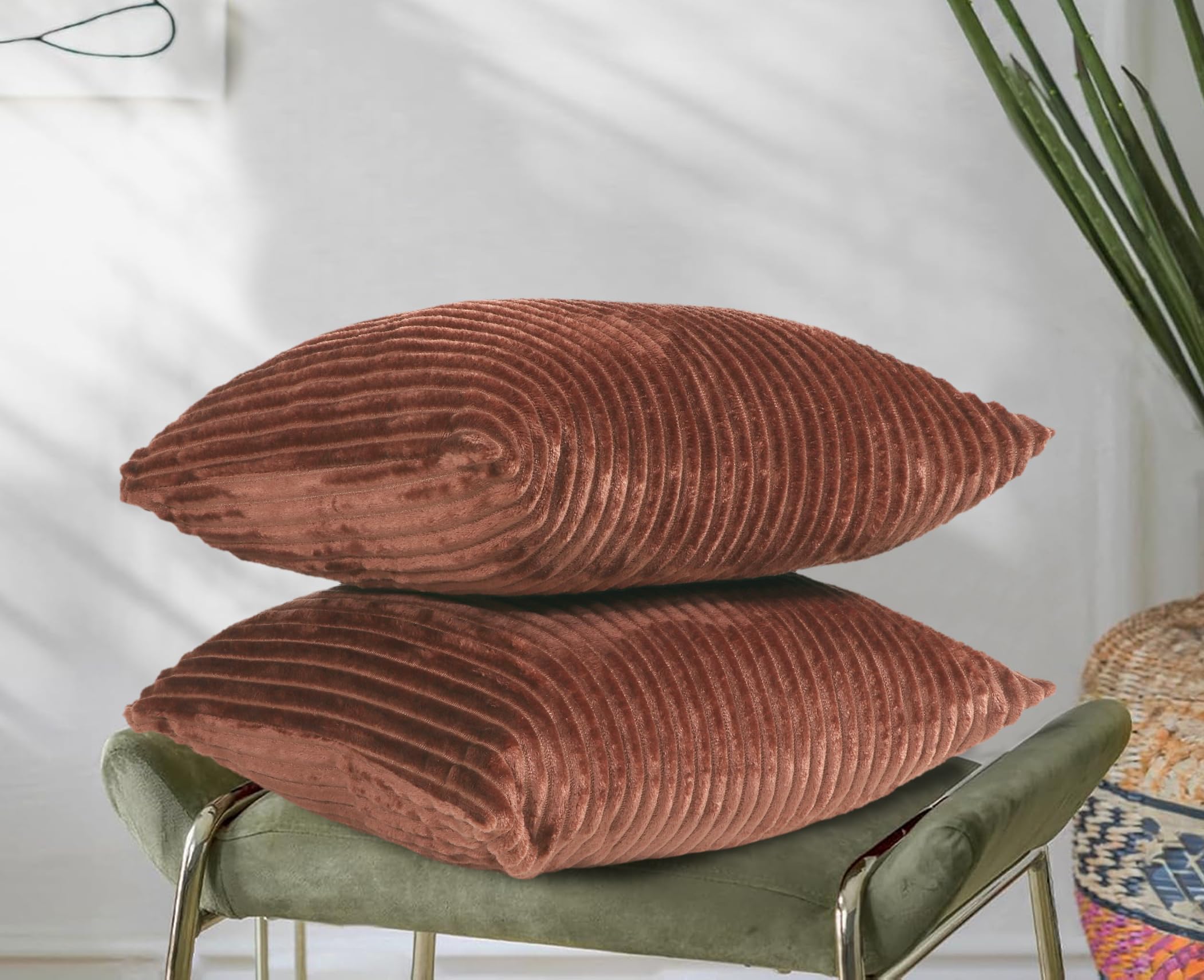 RD TREND® Cushion Cover Set of 2, Decorative Sofa Living Room Home Square Cushion Covers 18 Inch x 18 Inch, Aesthetic Corduroy Striped Double Sided (Coffee)