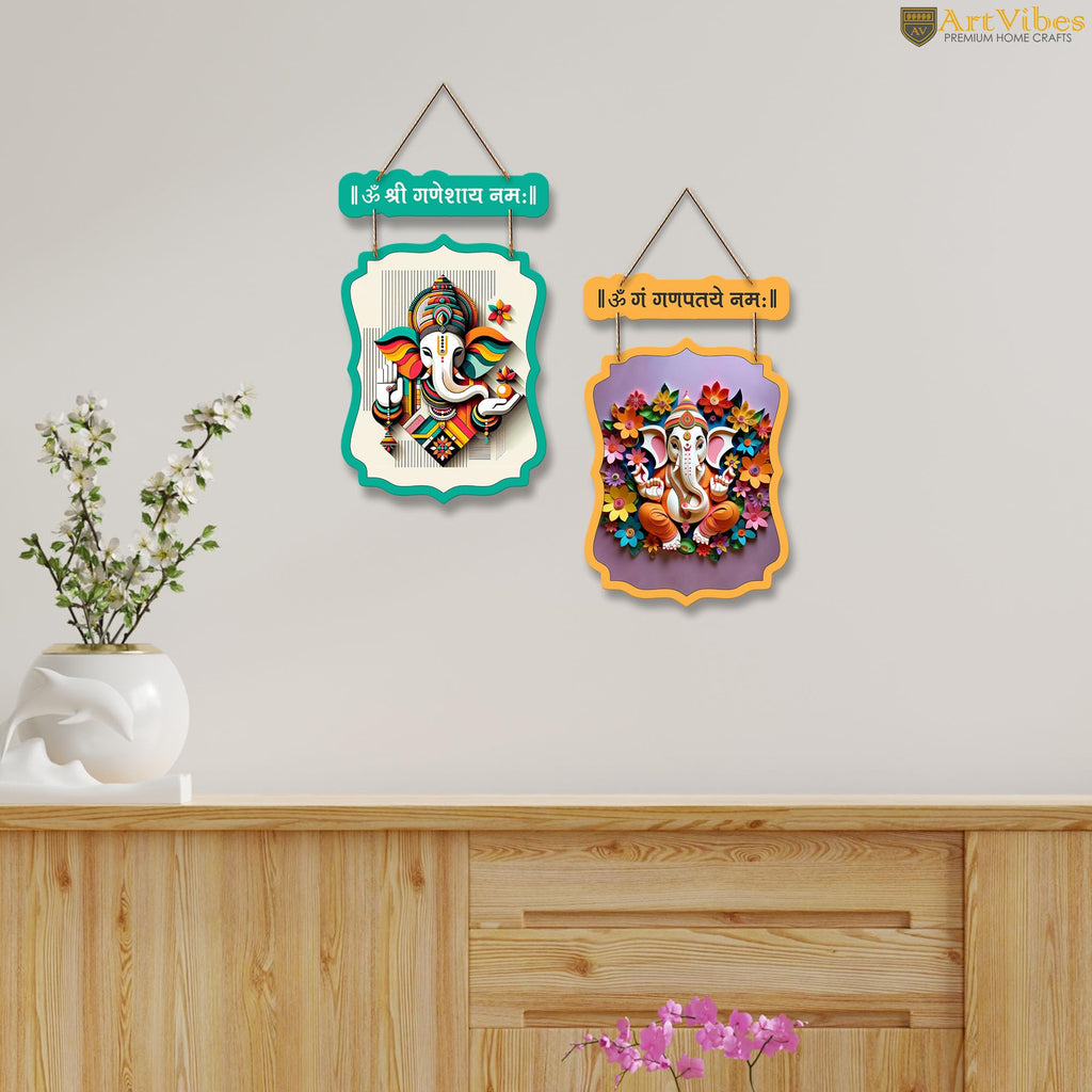Artvibes Shri Ganesh Auspicious Wooden Art Work Wall Hanging | Spiritual Decor Items | Paintings | Wall Illustrations | Handcrafted Art| Stylish Modern Decor Item | Gift Items (WH_9719N), Set of 2