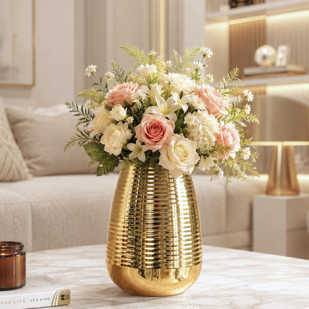 BEHOMA Oval Shape Metal Flower Vase for Home Decor (8.7 inches)