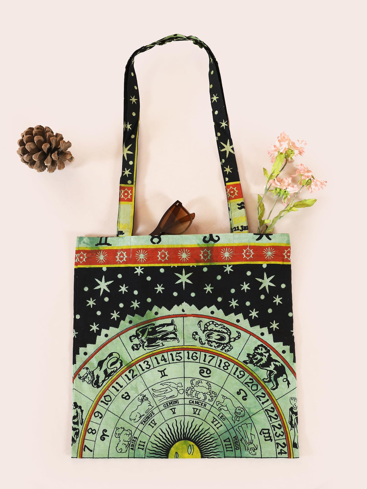Ravaiyaa - Attitude is everything Cotton Shoulder Bag/Tote Bag For Women| Printed Multipurpose Handbag With Top Zip | Best For Shopping, Travel, Work, Beach, Office, College (Green & Black Astrology)