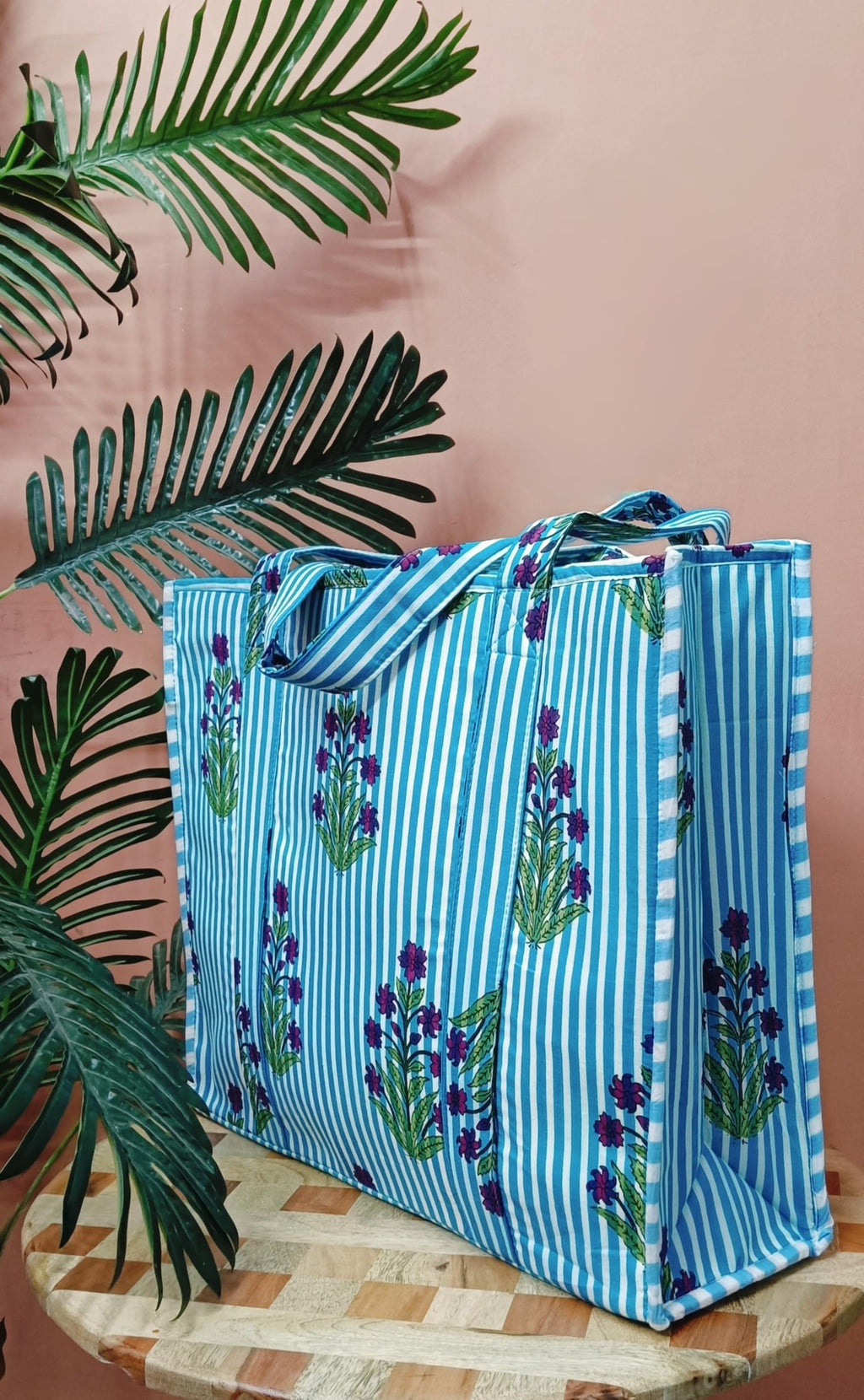 HOUSE OF GULAB Green Pink Cotton Tote Bag Reusable Shopping Bag Printed Canvas Cloth Carry Bag with Long Handle for Women & Men Eco Friendly Grocery Storage Travel Bag 15x18 Inch (Green & Pink)