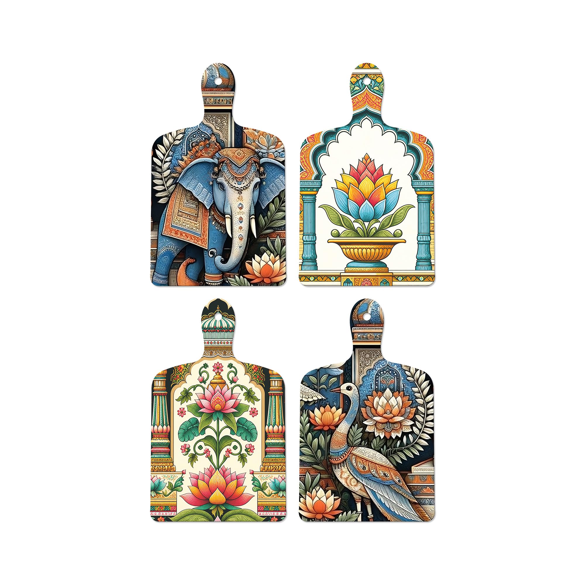 Artvibes Artistic Elephant & Peacock Floral Indian Modern Art Wooden Art Decoration Item for Living Room | Home Decor | Wall Accent | Aesthetic Wooden Decor | Ideal Gifts (WH_5635N), Set of 4
