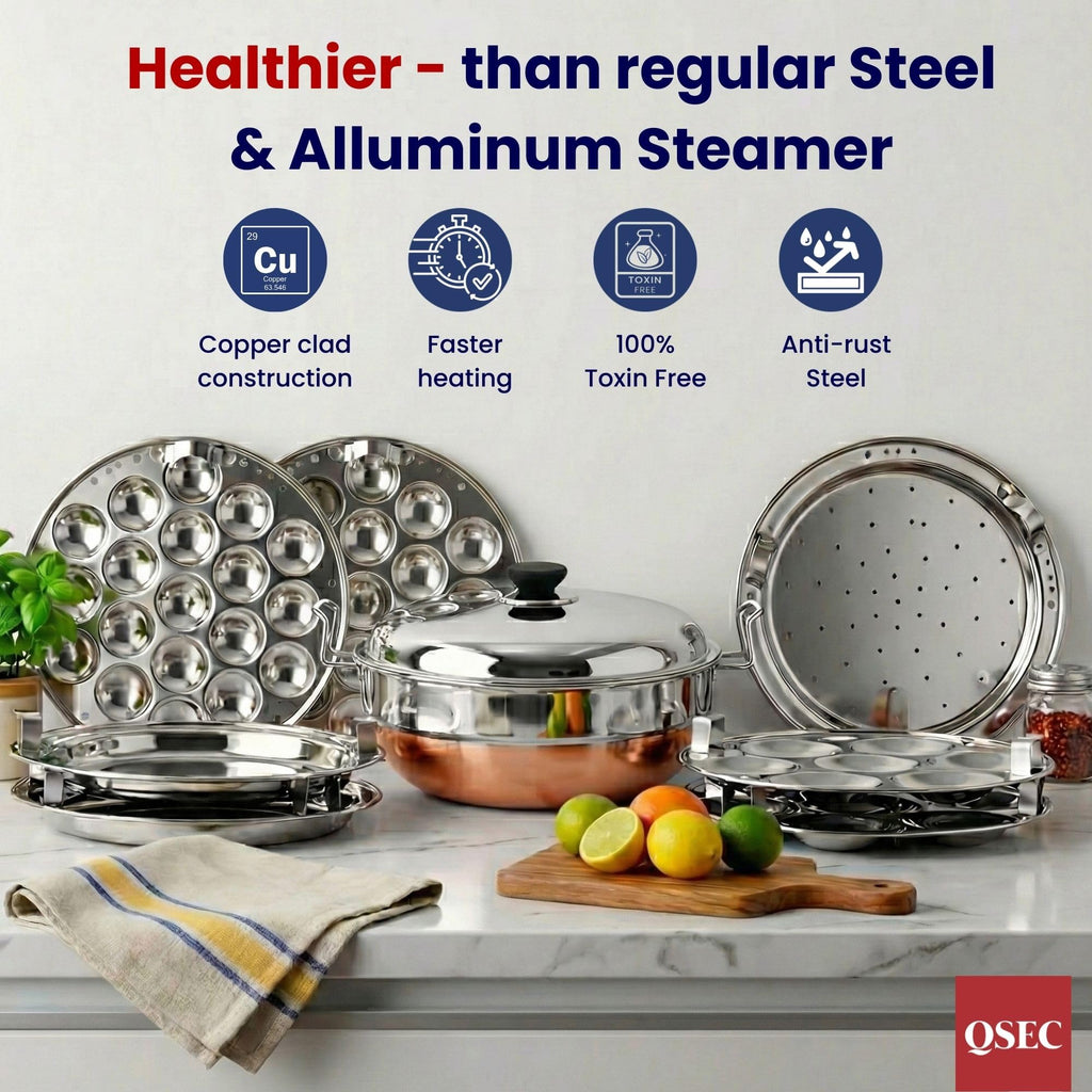 QSEC Stainless Steel 28 cm copper clad idly cooker 7 plates Multi Kadai Idli, momos and dhokla Steamer & idli cooker with stand | Mini idli stand | 2 Mini Idli plate | 2 idli | 2 Dhokla | 1 Momos |