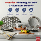 QSEC Stainless Steel 28 cm copper clad idly cooker 7 plates Multi Kadai Idli, momos and dhokla Steamer & idli cooker with stand | Mini idli stand | 2 Mini Idli plate | 2 idli | 2 Dhokla | 1 Momos |