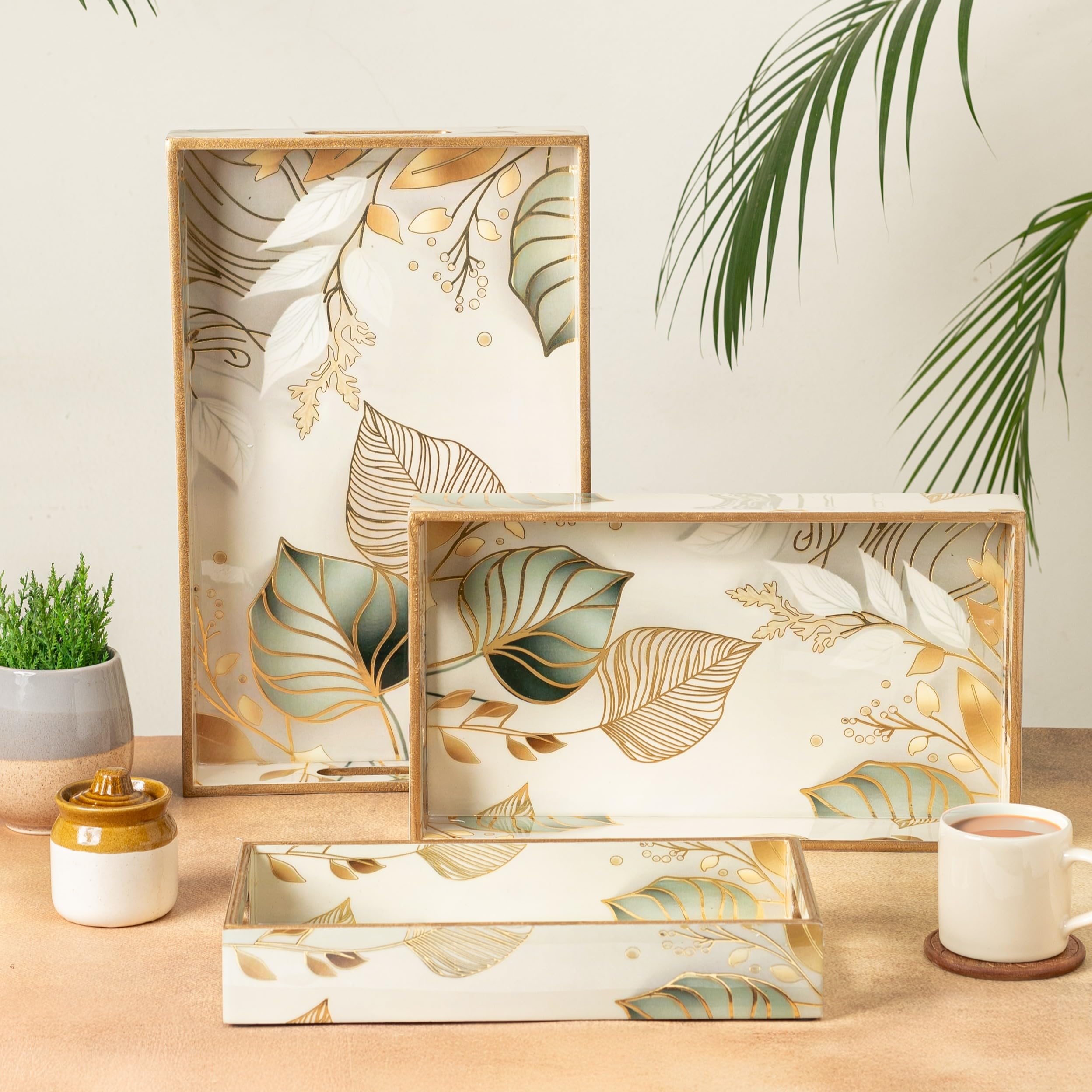 Civana Homes Wooden Serving Tray with Gold Engraving | Set of 3 | Size : 16 x 10 inch, 14 x 8 inch & 12 x 6 inch | Enamel Coated Waterproof | Rectangular | Decorative Trays | White Leaf Set