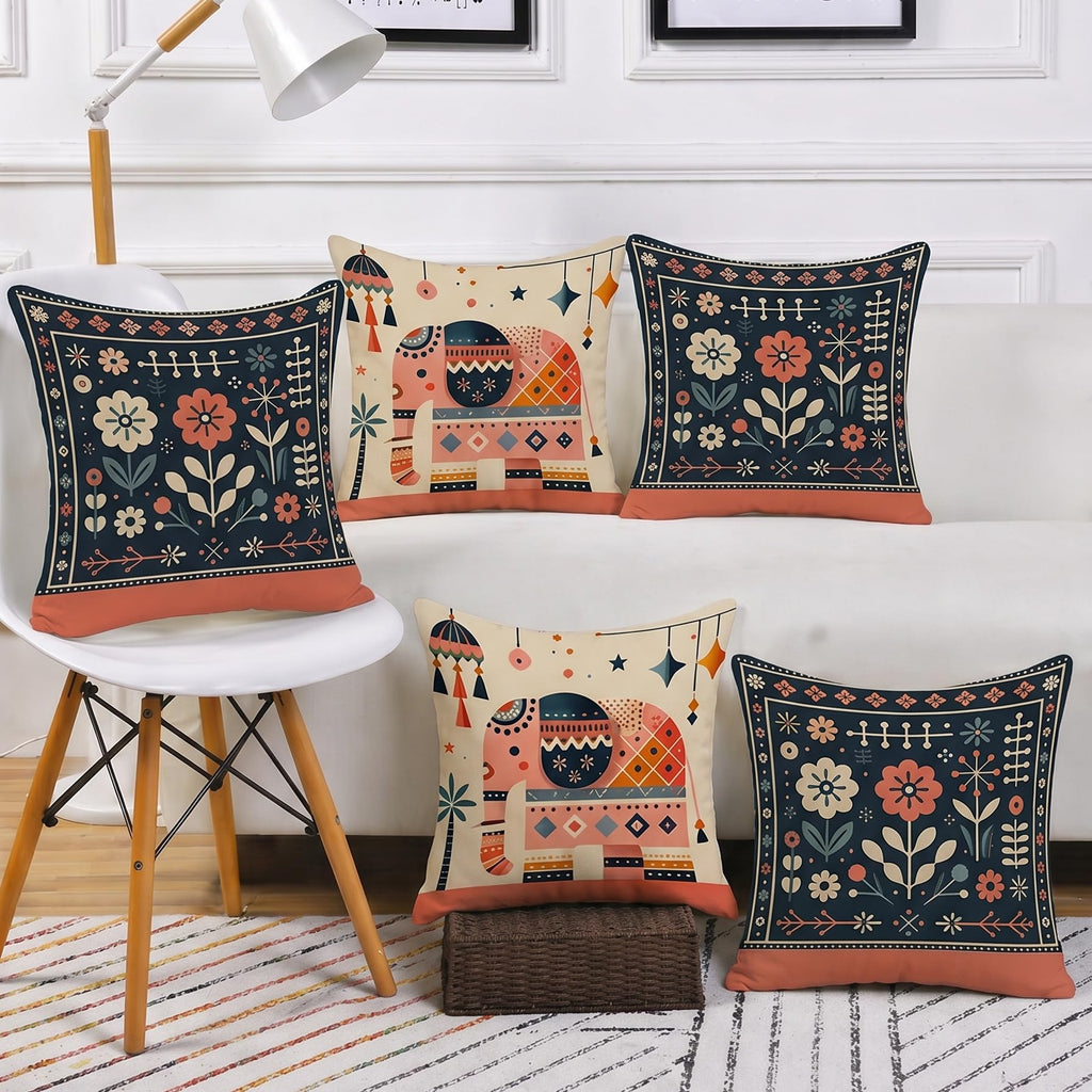 STITCHNEST Elephant & Boho Floral Satin Cushion Covers 16x16 Inch, Pack of 5 for Living Room, Sofa & Kids Room Decor