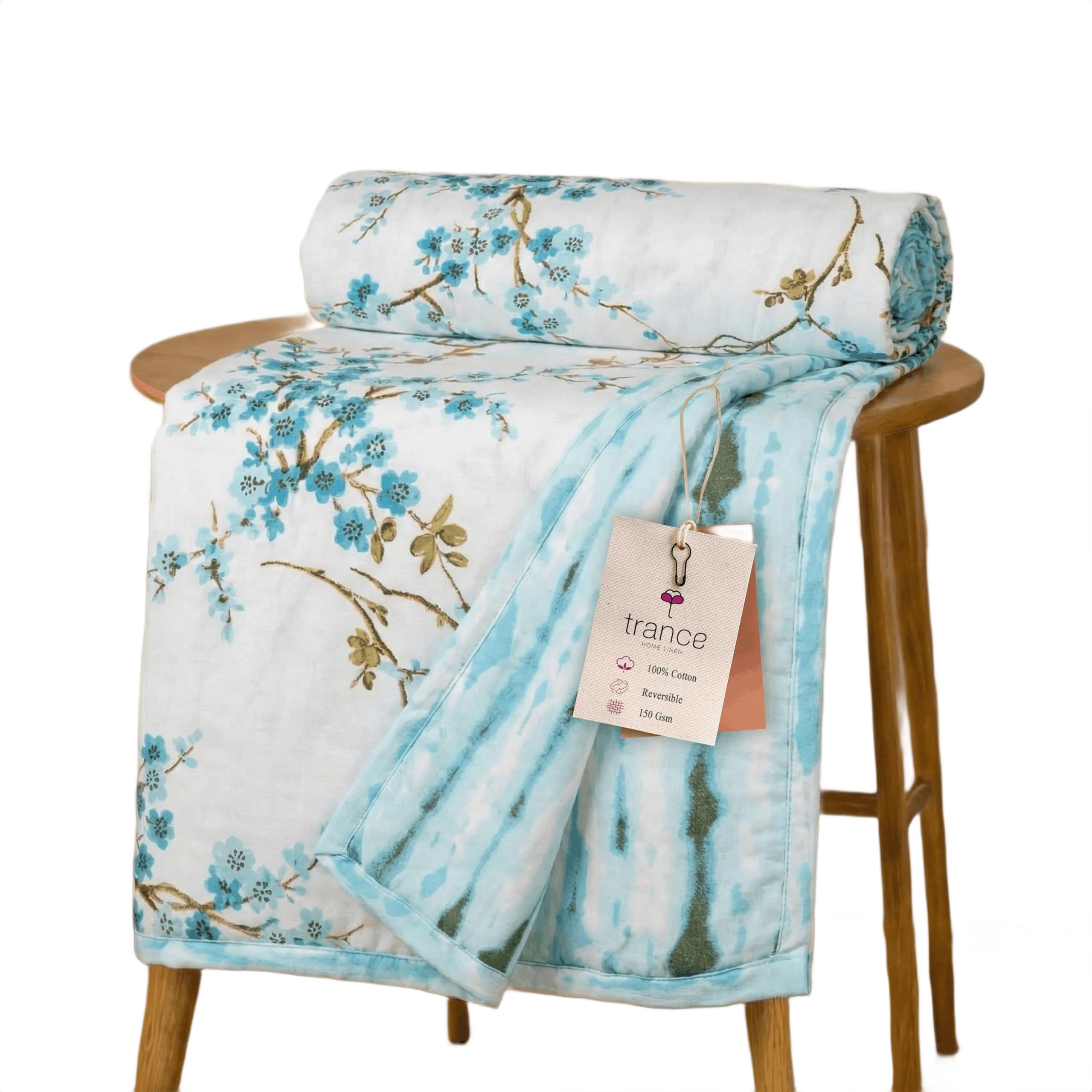 Trance Home Linen Premium 100% Cotton Dohar for Single Bed | 150 GSM | Reversible Ac Comforter | Light Weight All Season Soft Blanket (58x90 Inches | Akira Turquoise) Kafalo