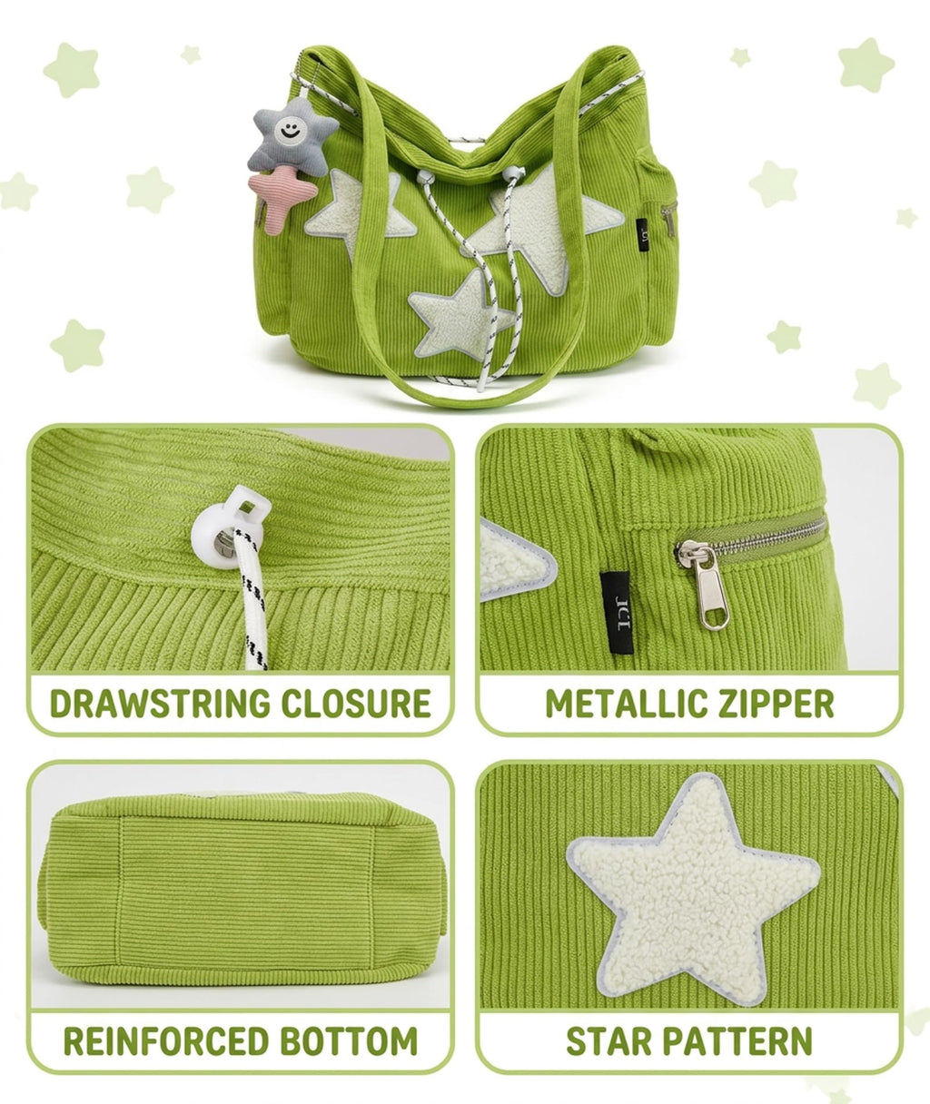 SRKSPYFD Green Corduroy Tote Bag for College Girls with Star Pendant, 12.6 Plush Shoulder Bag for Daily Commute and Shopping