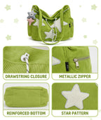 SRKSPYFD Green Corduroy Tote Bag for College Girls with Star Pendant, 12.6 Plush Shoulder Bag for Daily Commute and Shopping