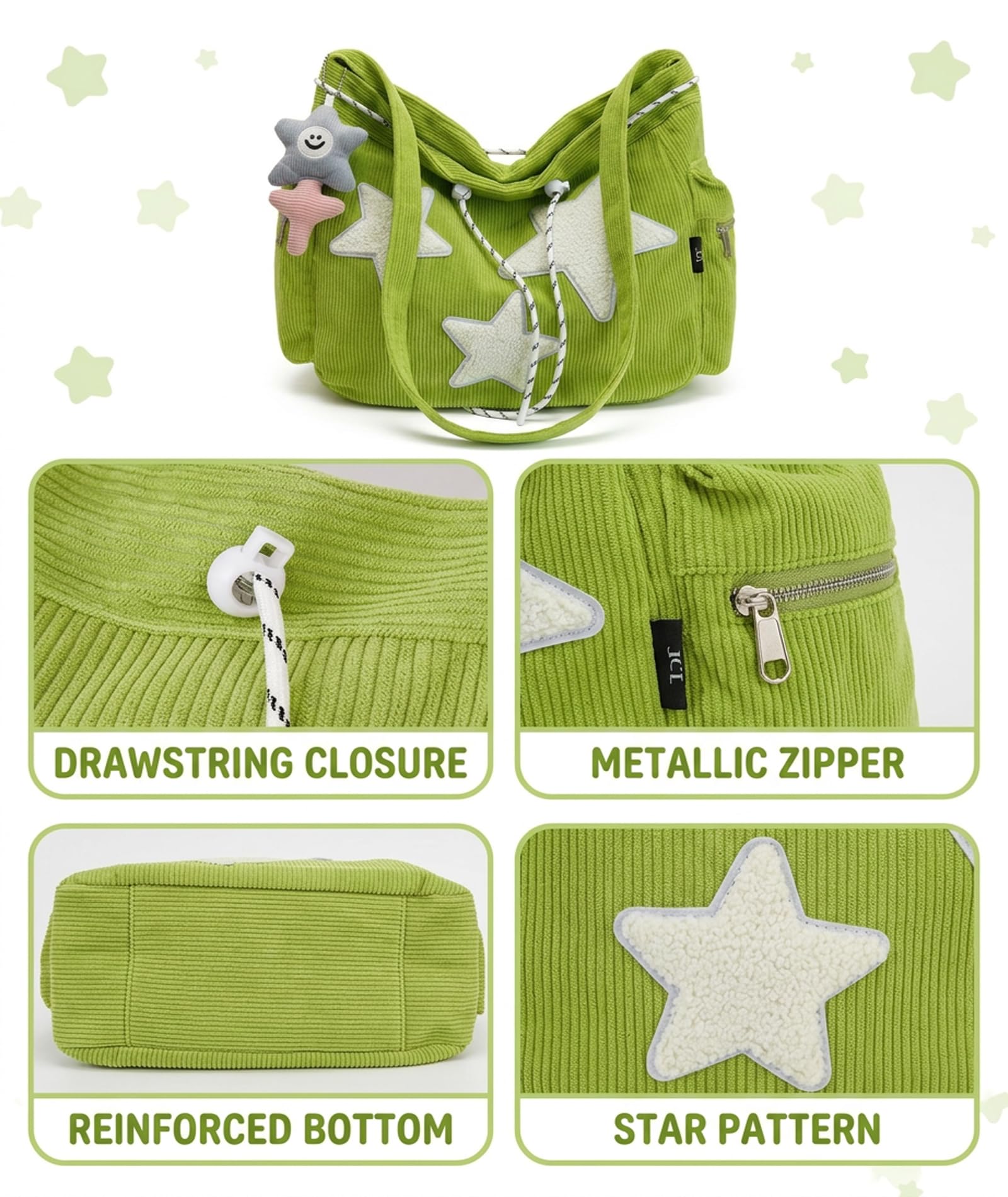 SRKSPYFD Green Corduroy Tote Bag for College Girls with Star Pendant, 12.6 Plush Shoulder Bag for Daily Commute and Shopping