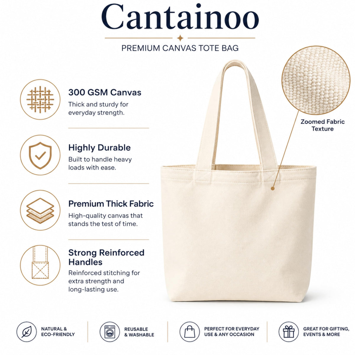 cantainoo Tote Bags | 300 GSM Canvas Tote Bag for Women | Tote Bags for Women | College, Shopping, Office & Everyday Carry Bag (Natural Canvas, Medium Pack of 10)