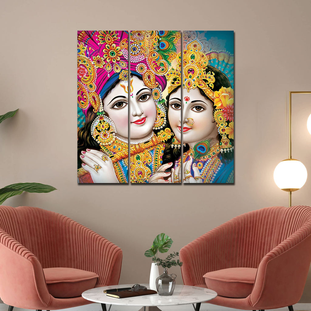 VIBECRAFTS 3 Pieces Beautiful Radha Krishna Canvas Wall Painting Fitted With Wooden Frame For Home | Office | Living Room | Gifts (PTVC3Pcs1_9540)