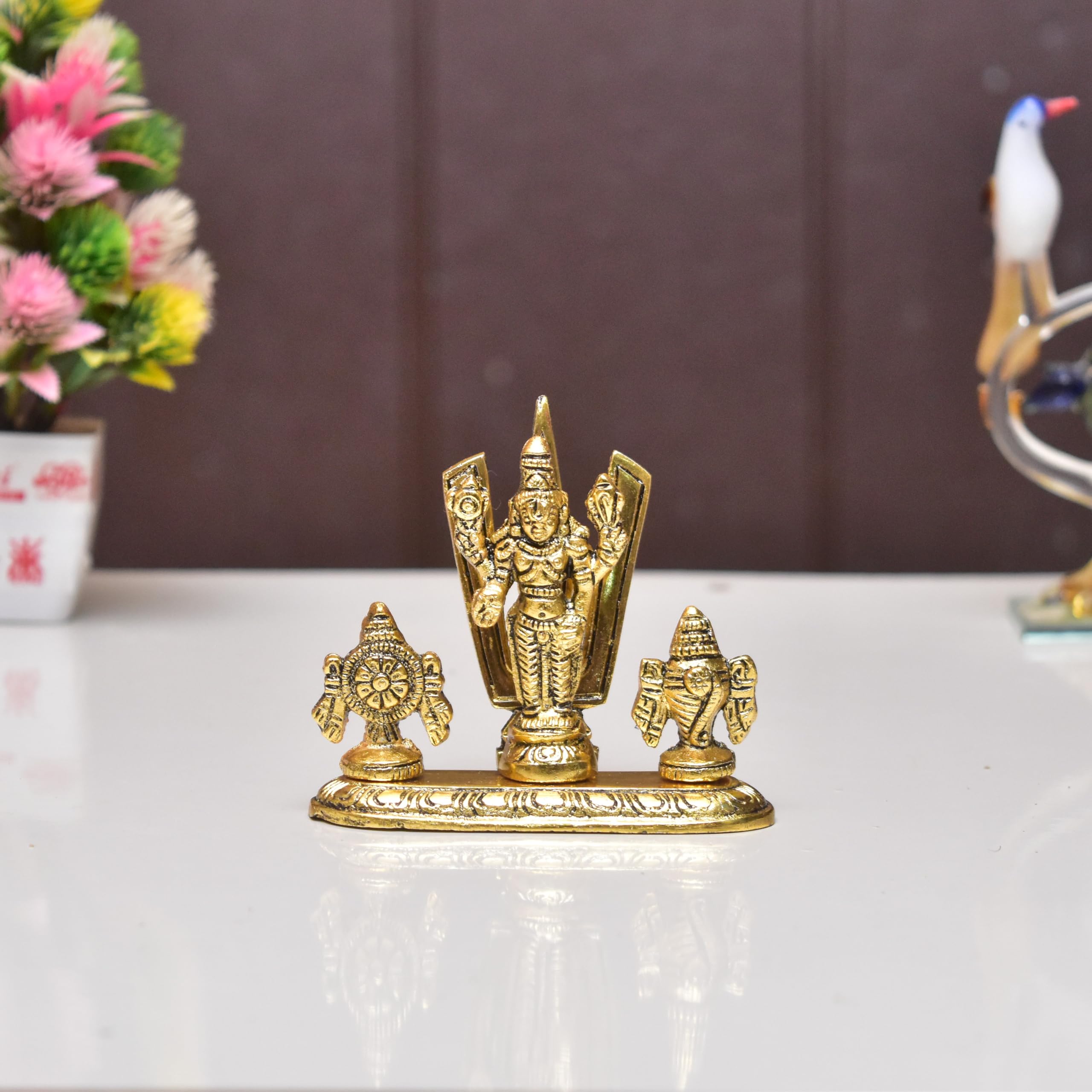 KridayKraft Lord Tirupati Balaji Venkateswara Swami with Shank chakar Tilak Namah Gold Plating Antique Decorative for Car Dashboard Home & Office Table Showpiece Figurines