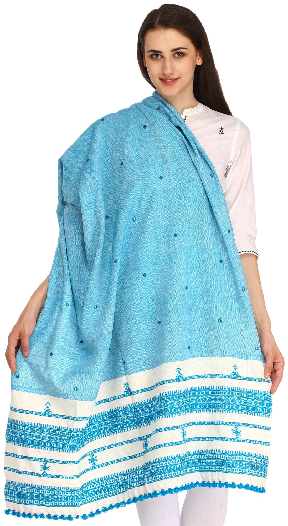 Exotic India Shawl from Kutch with Embroidered Mirrors - Color Air Blue