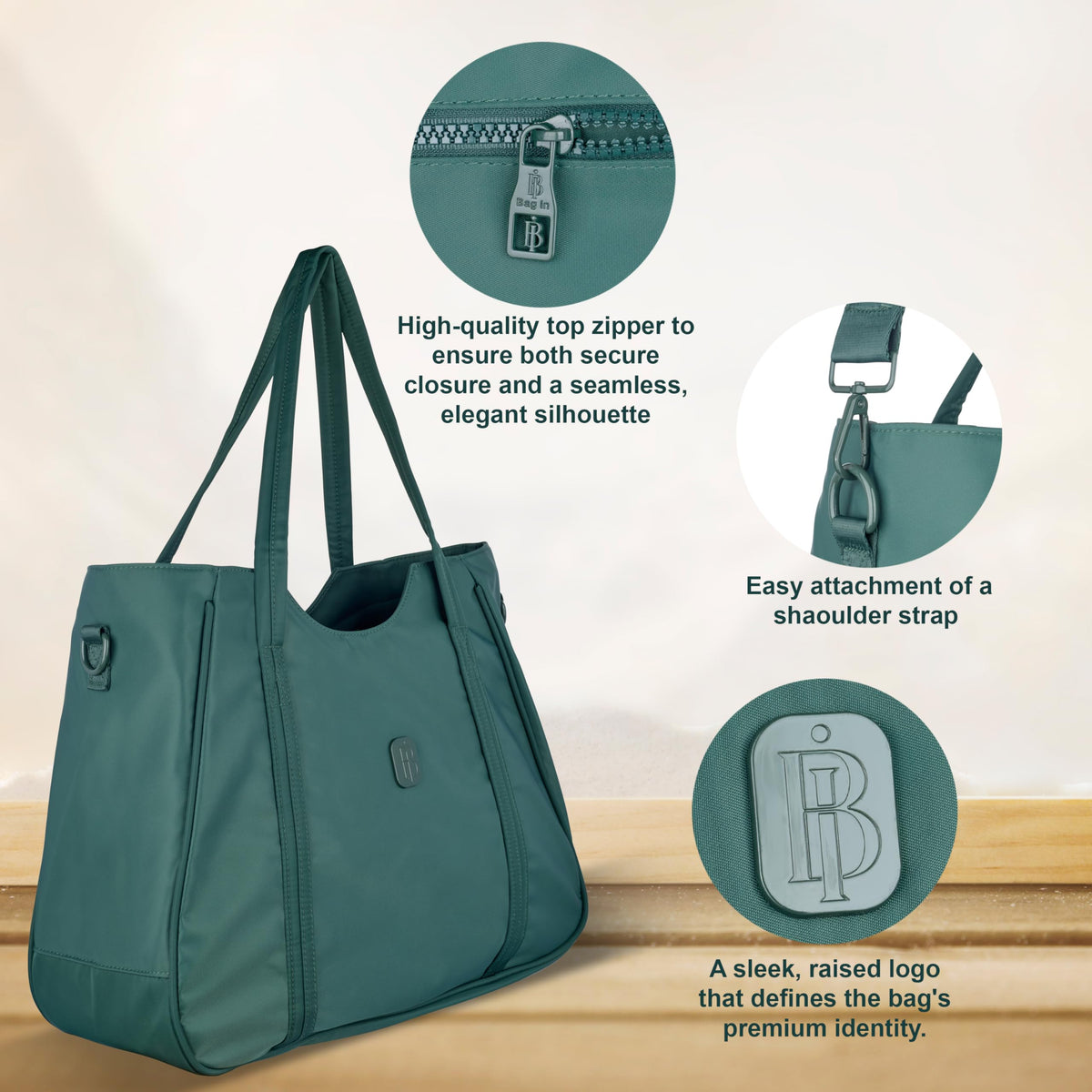 Women’s Tote Bag with Zipper & Adjustable Shoulder Strap – Lightweight Large Handbag for Work, Travel & Daily Use (GREEN)
