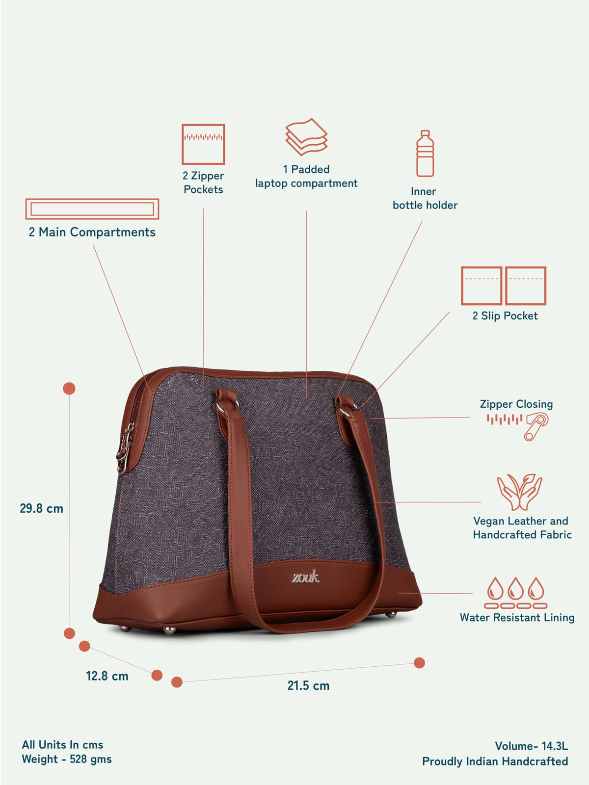 ZOUK Conference Office Bag | Padded Laptop Compartment up to 14 inch | Stylish Tote Bags for Women | Big Size Handbag for Office & Travel Use | Water-Resistant | Bidri Kaiser