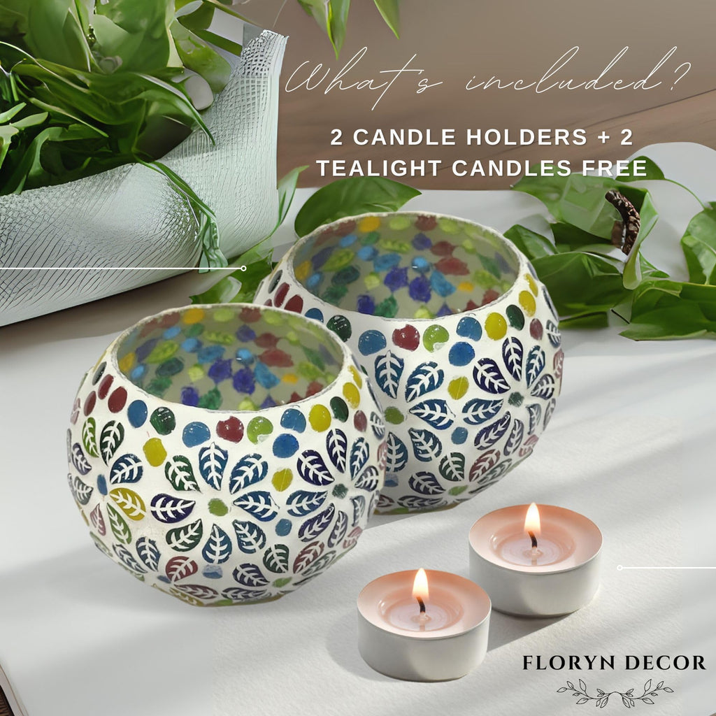 Floryn Decor Morrocan Mosaic Candle Holders | Home Light Decorations Items | Mosaic Glass Tealight Holder | Best lamp for Diwali Decoration | Pack of 2 (with 2 Tealight Candle Free)