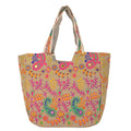 Craft Trade Women's Cotton Tote Bags with Zip 36x30x12 Cm Embriodery Mirror Work Leaf Print Shopping Handbag - Cream