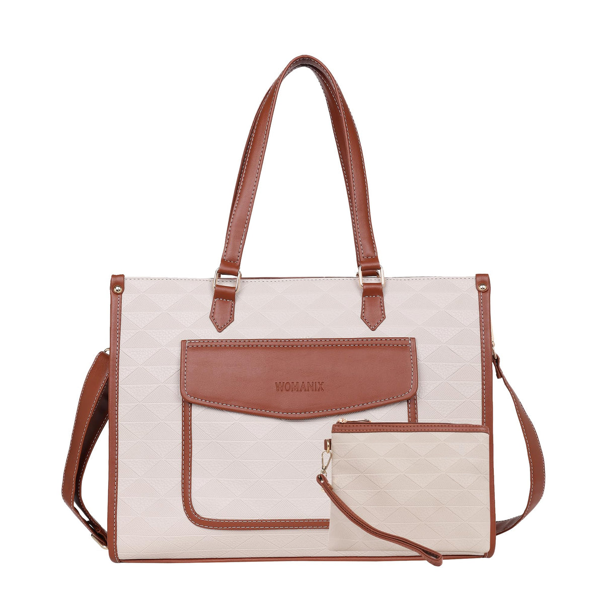 Womanix PU Laptop Tote Bags for Women with Front Pocket, Work Bag,15 inch tote for Women, Large Capacity Handbag for Office, School, Travel, Teacher Purse (Beige Tan)