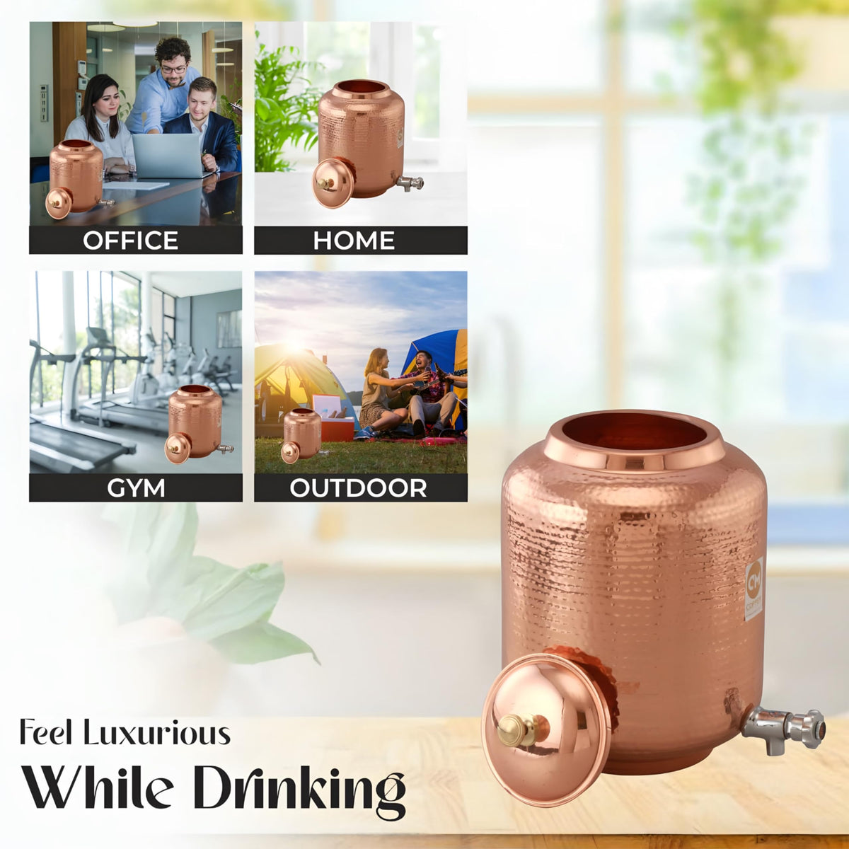 Copper-Master 14 Litre Hammered Copper Water Dispenser (Matka) Container Pot with Pure Copper and Ayurvedic Health Benefits (14000 ml)