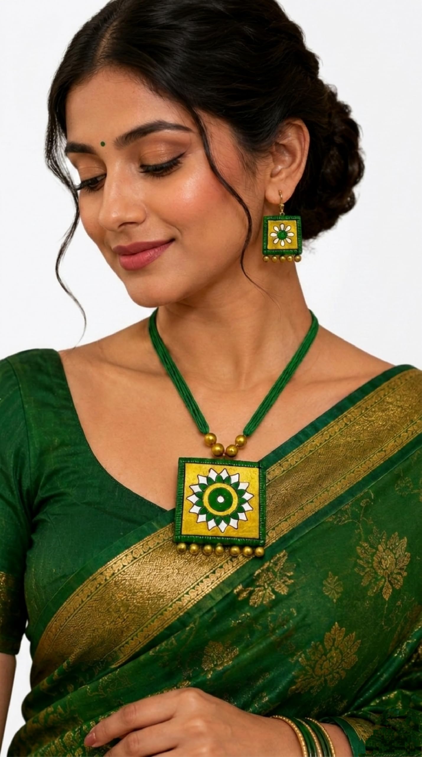Terracotta Necklace Earrings Set for women and girls | Handmade Jewellery Necklace | Traditional Terracotta Jewellery Necklace Earring Set for party | occasion Daily use | Green and Yellow Floral Design | 1 set