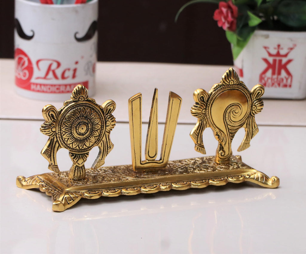 KridayKraft Metal Tirupati Balaji Yantra Shankh Chakra Tilak Namah Symbol Gold Plating Antique Decorative for Home & Office Table Showpiece Figurines