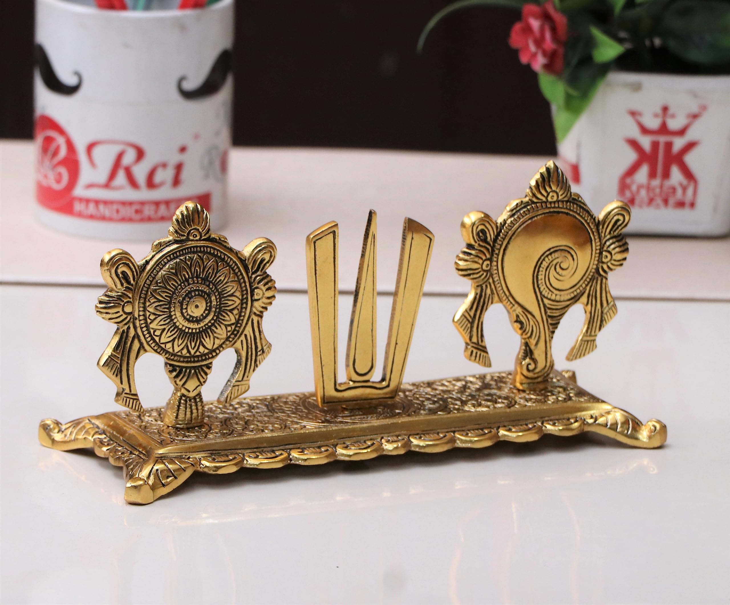 KridayKraft Metal Tirupati Balaji Yantra Shankh Chakra Tilak Namah Symbol Gold Plating Antique Decorative for Home & Office Table Showpiece Figurines