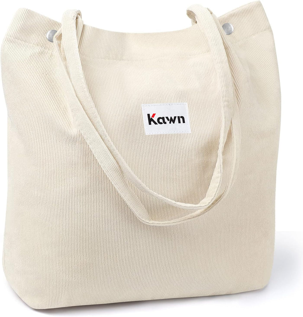 Kawn Women Corduroy Western Tote Bag Canvas Shoulder Cord Purse Reusable Shopping Bag Grocery Bag Large Capacity Washable Handbag Girls Shoulder Bag With Inner Pocket For Daily Use Work Travel (Beige)