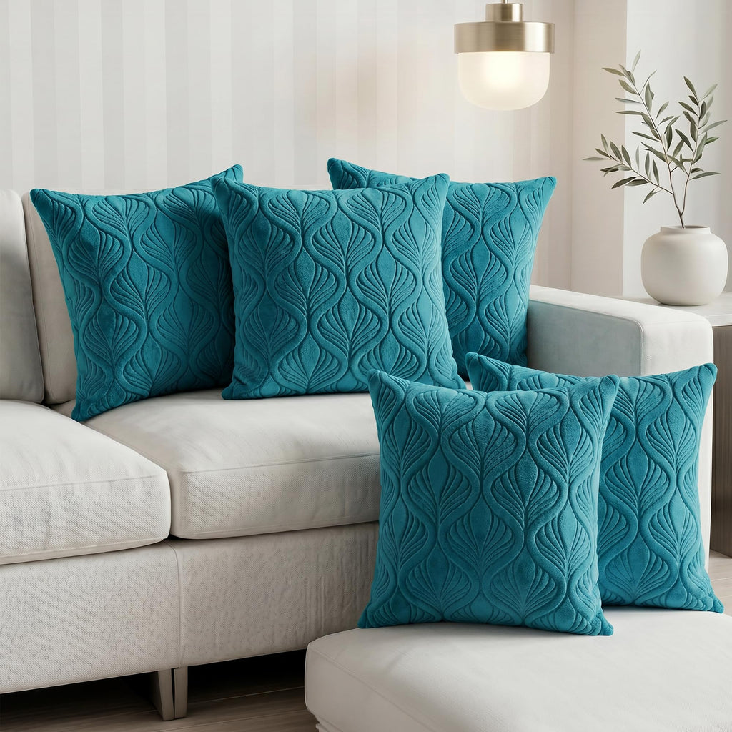Yellow Weaves Jacquard Cushion Covers | Sofa Cushion Covers | Throw Pillow Cover for Sofa, Couch, Living Room| Removable & Washable | 16x16 Inches, Set of 5 (Peacock Blue)