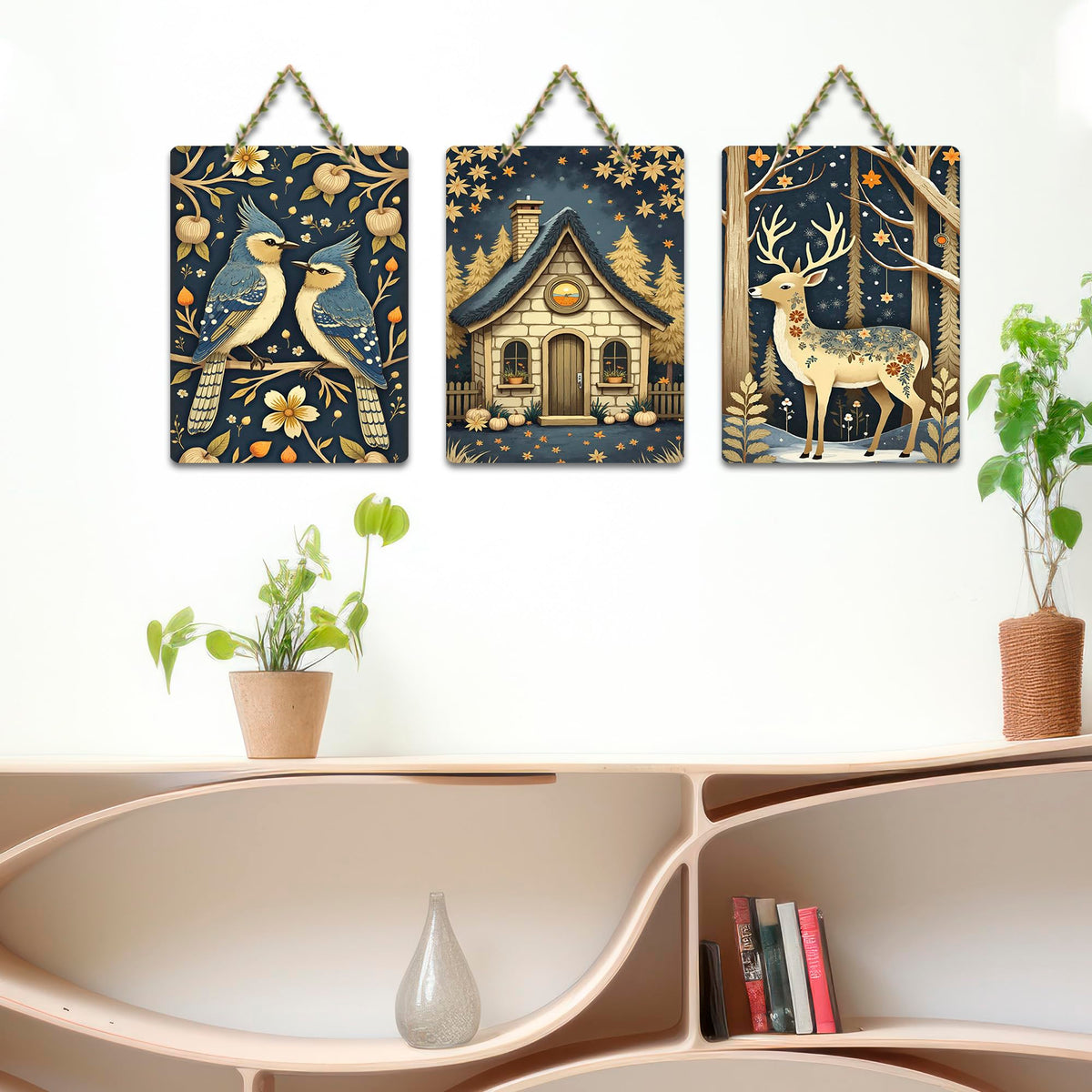 Artvibes Nature Theme Decorative Wall Art MDF Wooden Wall Hanger for Living Room | Handcrafted Art | Festive Decor | Wall Illustrations | Paintings For Wall | Gift Items (WH_96113N), Set of 3