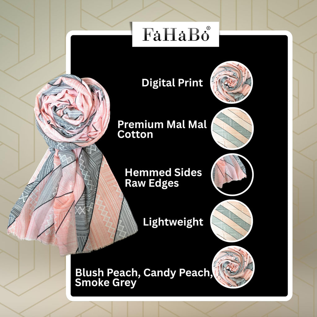 FAHABO Digital Print Mal Mal Cotton Scarf for Women – Soft, Lightweight Hijab, Head & Neck Wrap | Stylish Fashion Scarf (Blush Peach, Candy Peach, Smoke Grey)