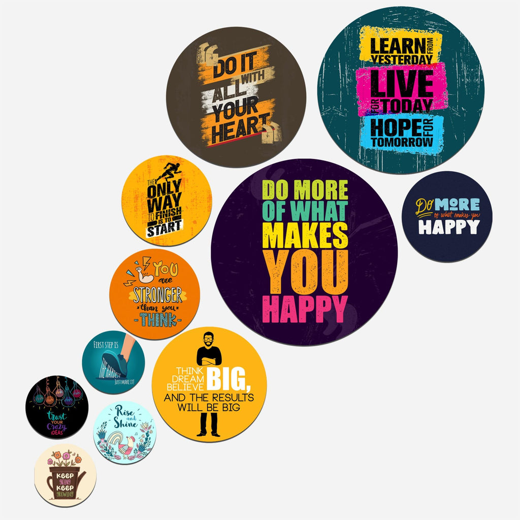 Artvibes Do It With All Your Heart Round Shape MDF Wooden Wall Decor Items | Quotes Decor Item | Wall Illustrations | Office Decor | Wall Art Print | Inspirational quotes | Gift (WPS_111N), Set of 11