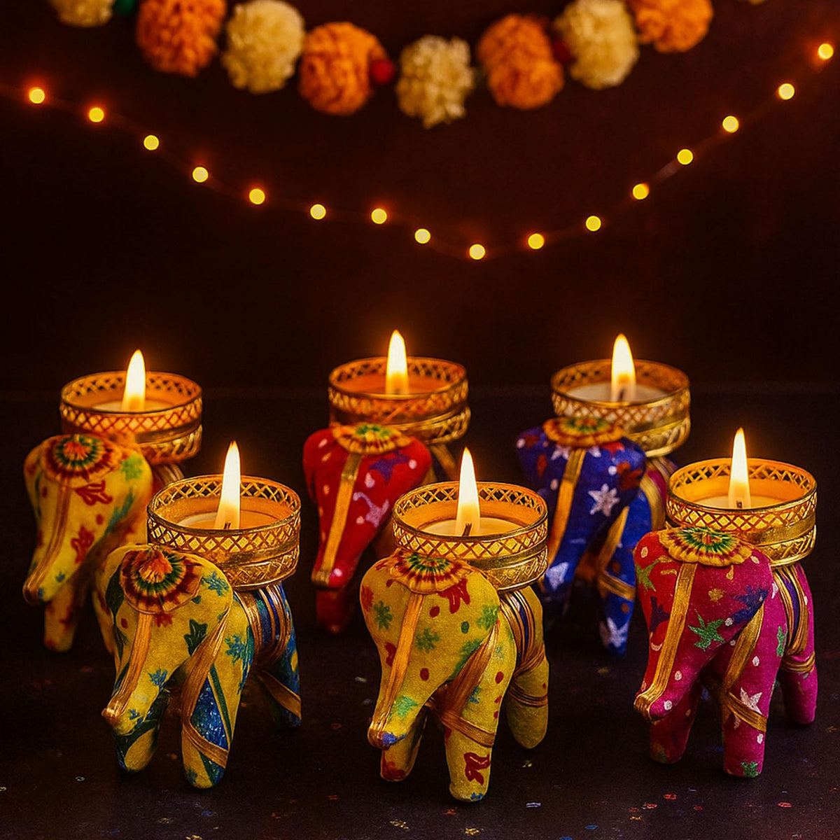 TIED RIBBONS Set of 6 Handcrafted Recycled Material Elephant Tealight Candle Holder for Diya Home Decoration (Multicolor, 8 X 5 X 10 cm) - Decor Items - Candles Diya for Home Decoration